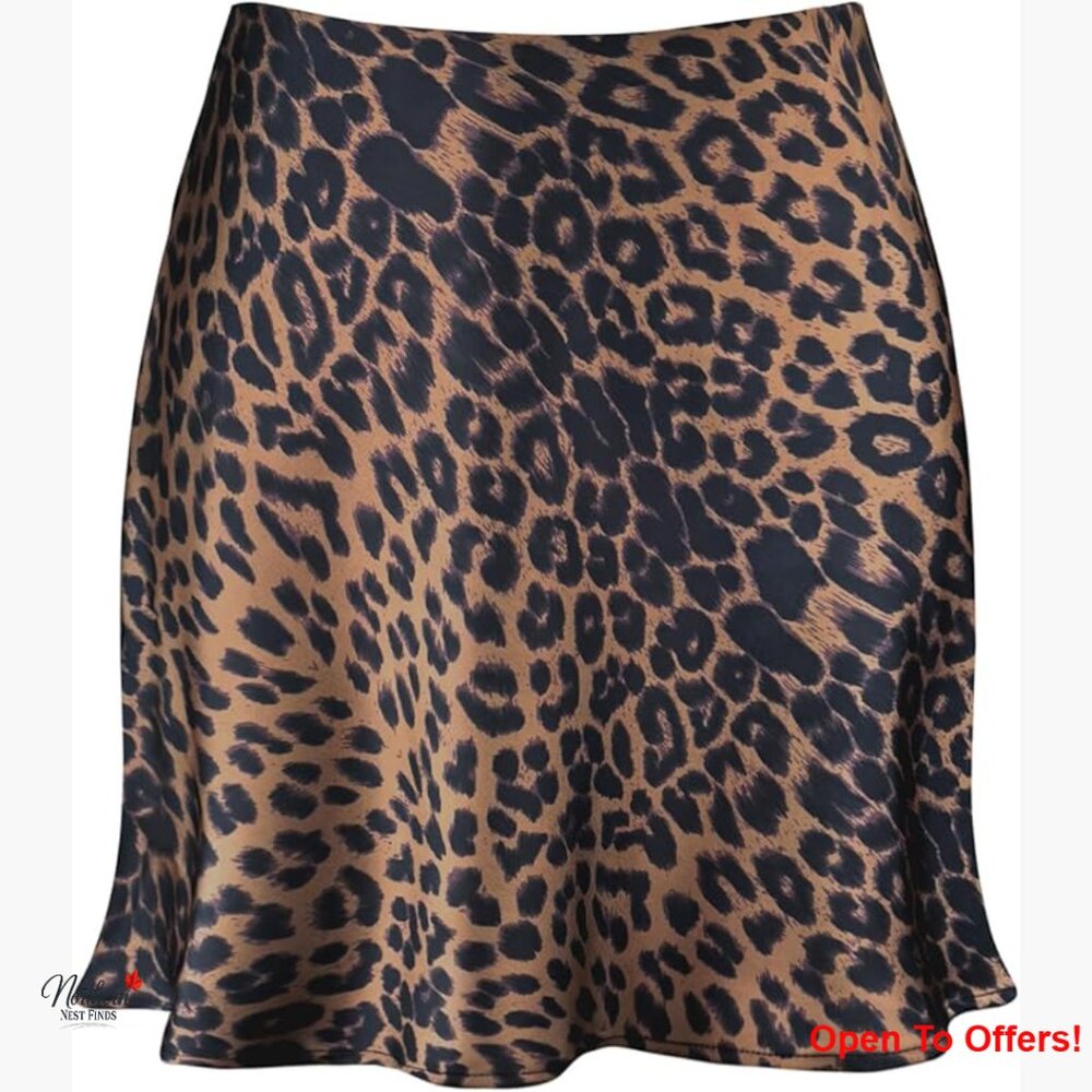 Satin Mini Skirt High Waist Elastic Leopard Print A-Line